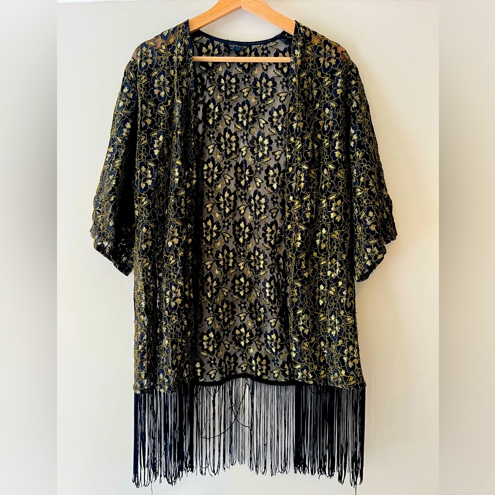 Topshop fringe metallic lace kimono size 2 US in black/gold